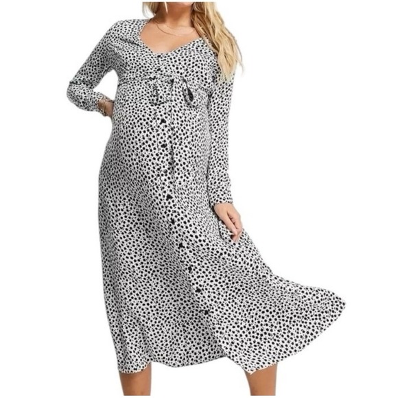 ASOS DESIGN Maternity White Mono Floral Tie Waist Button Midi Dress Size 4 - Picture 1 of 11
